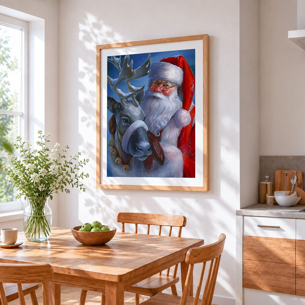 Heartwarming father christmas and reindeer cross stitch artwork displayed on wall as home decor