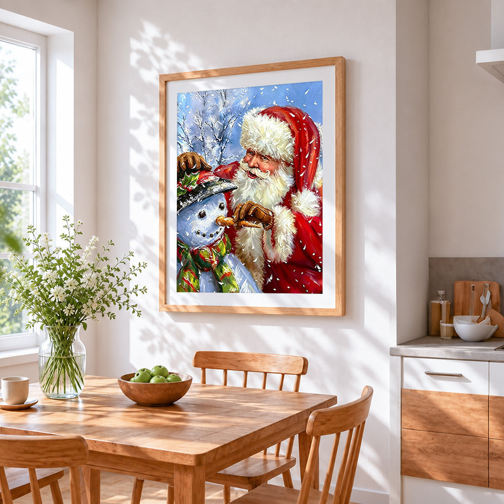 Heartwarming father christmas and snowman cross stitch artwork displayed on wall as home decor