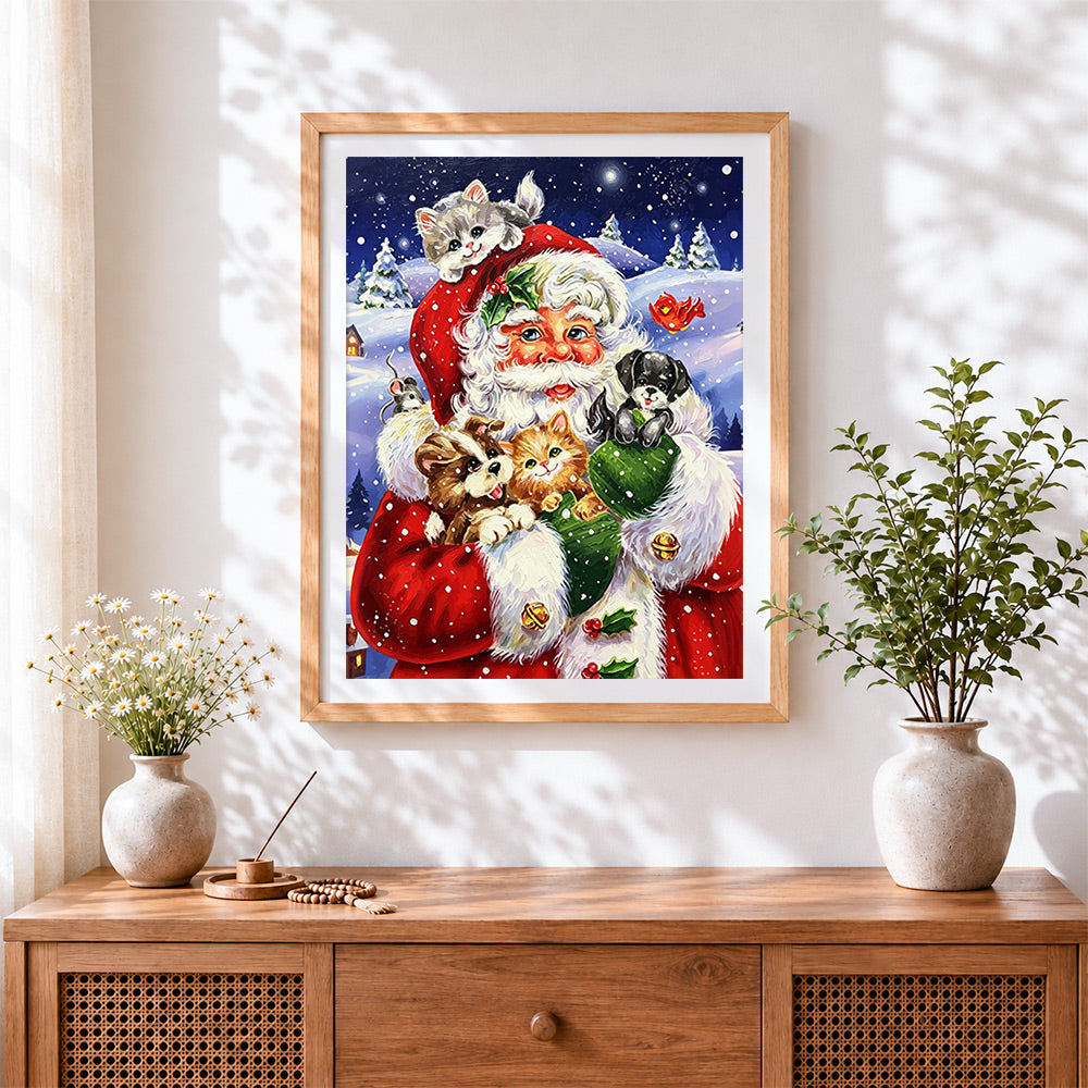 Finished heartwarming father christmas cuddling pets cross stitch artwork displayed