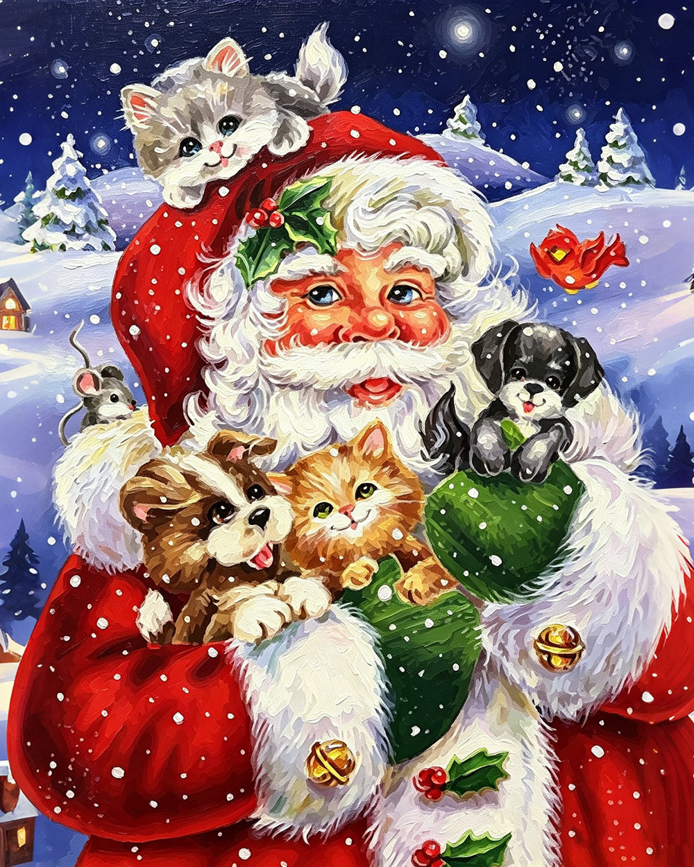 Heartwarming father christmas cuddling pets cross stitch kit for beginners