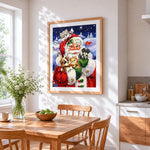 Heartwarming father christmas cuddling pets cross stitch artwork displayed on wall as home decor