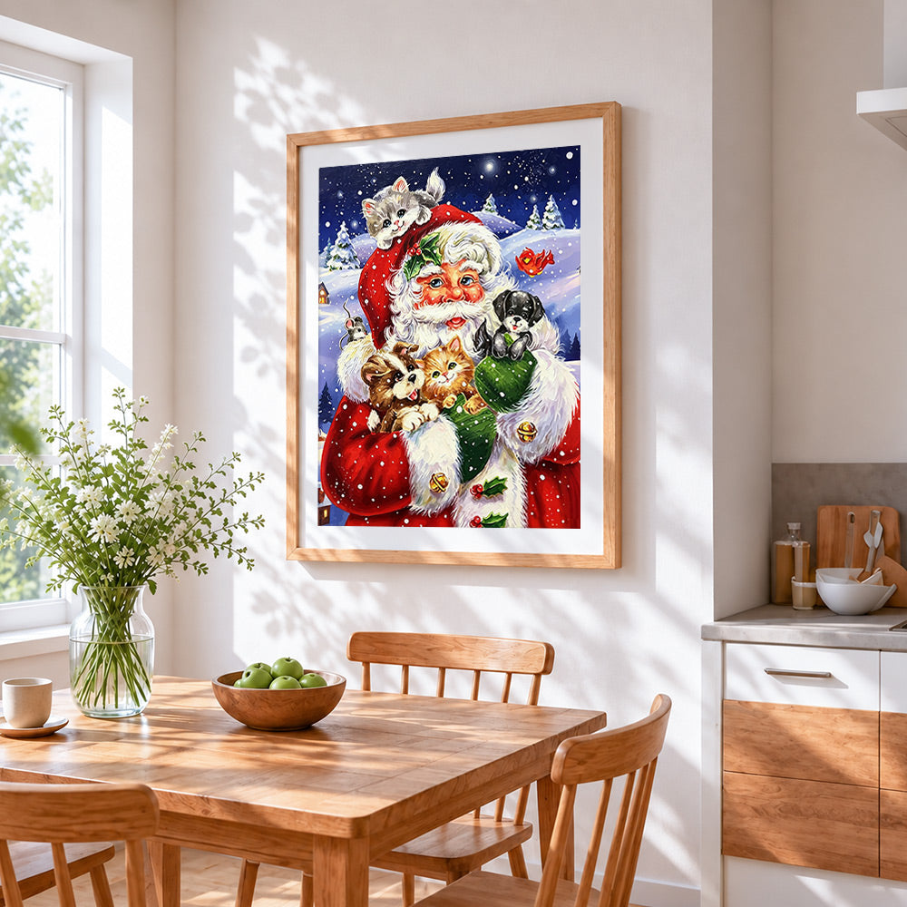 Heartwarming father christmas cuddling pets cross stitch artwork displayed on wall as home decor