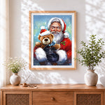Finished heartwarming father christmas holding a bear cross stitch artwork displayed