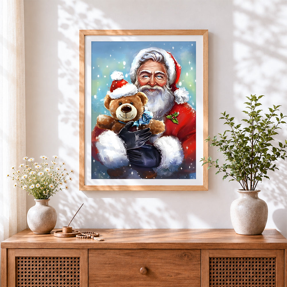 Finished heartwarming father christmas holding a bear cross stitch artwork displayed