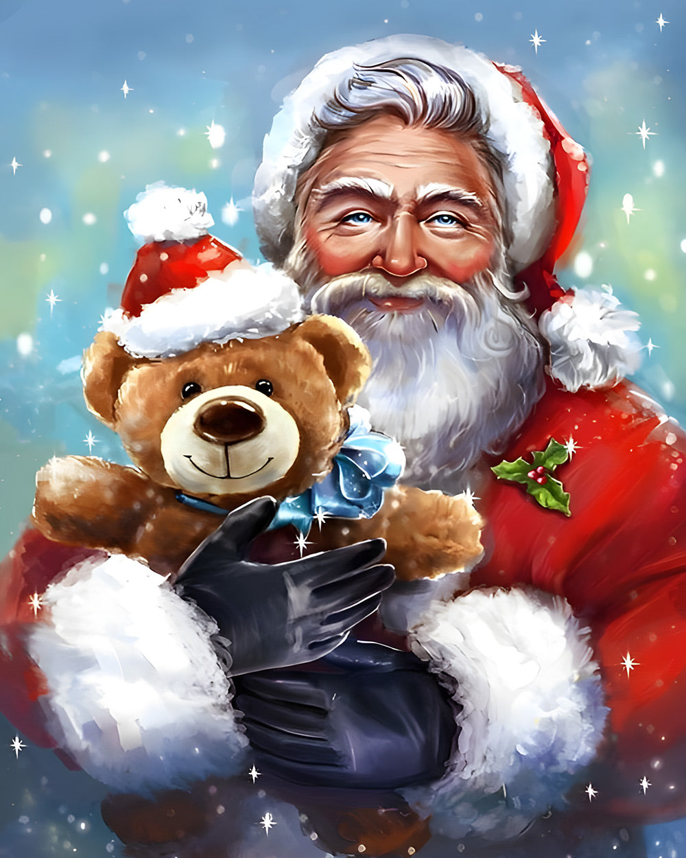Heartwarming father christmas holding a bear cross stitch kit for beginners