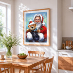 Heartwarming father christmas holding a bear cross stitch artwork displayed on wall as home decor