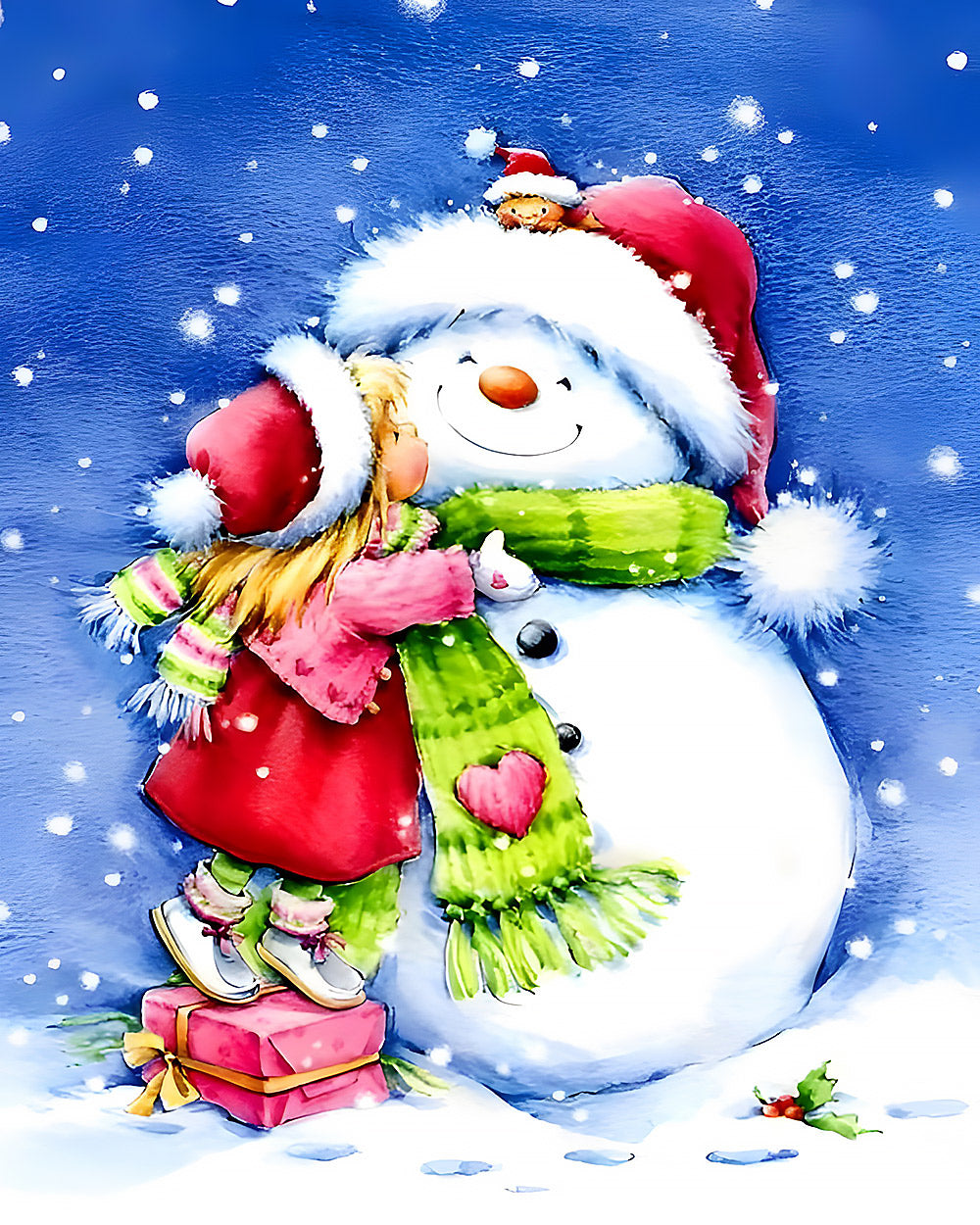 Heartwarming girl hugging a snowman cross stitch kit for beginners