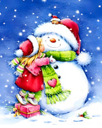 Heartwarming girl hugging a snowman cross stitch kit for beginners