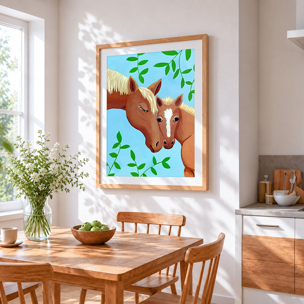 Heartwarming interaction between a horse and a foal cross stitch artwork displayed on wall as home decor