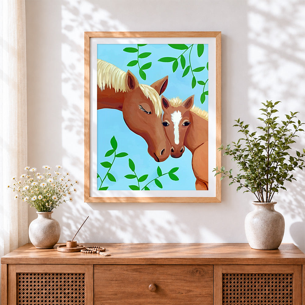 Finished heartwarming interaction between a horse and a foal paint by numbers artwork displayed as home decor