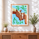Finished heartwarming interaction between a horse and a foal paint by numbers artwork displayed as home decor