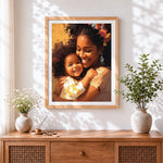 Finished heartwarming mother and child portrait cross stitch artwork displayed