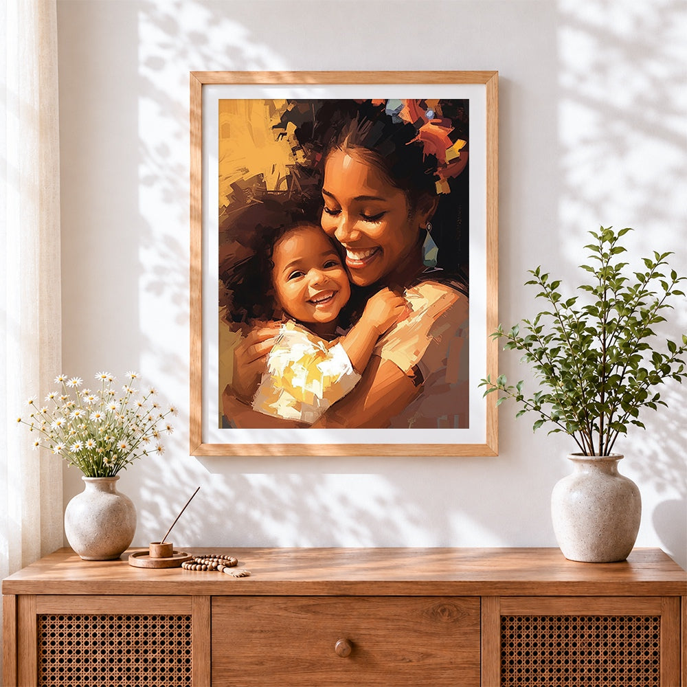Finished heartwarming mother and child portrait cross stitch artwork displayed