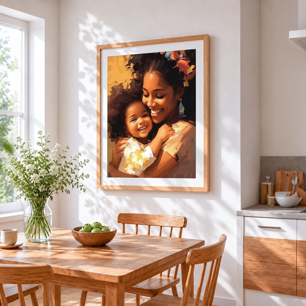 Heartwarming mother and child portrait cross stitch artwork displayed on wall as home decor