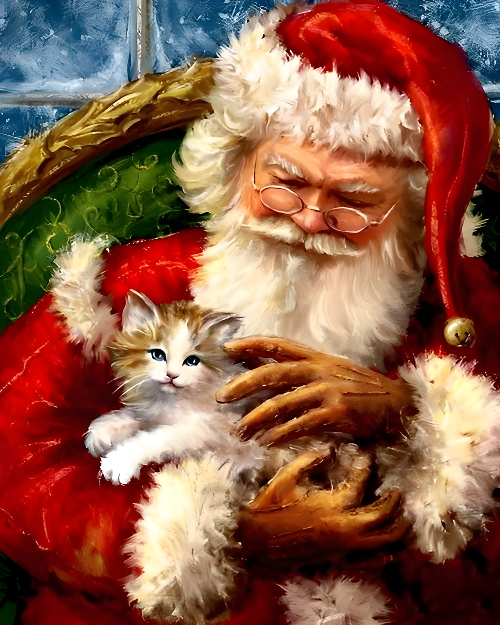 Heartwarming santa holding kitten cross stitch kit for beginners