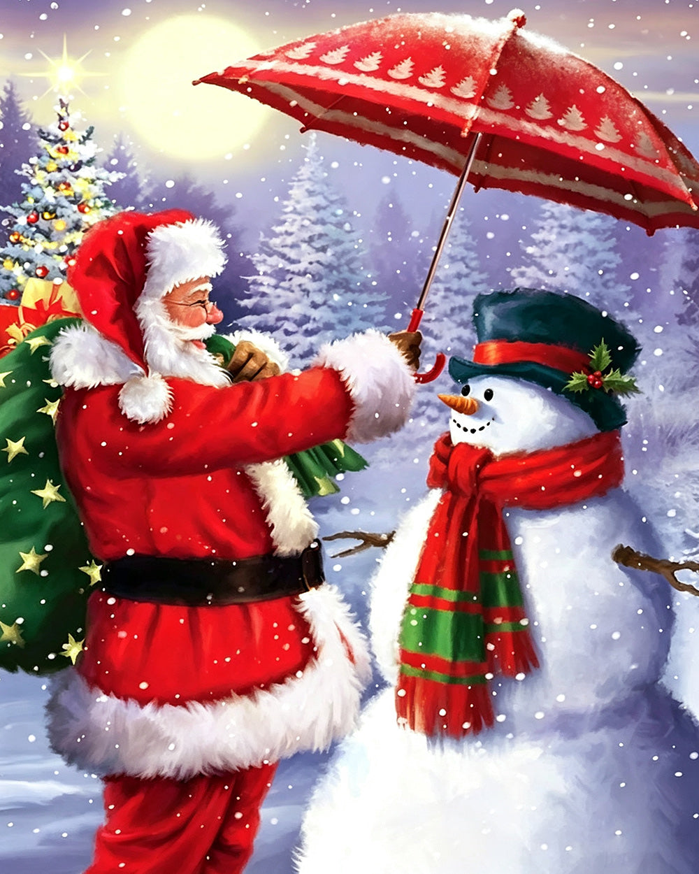 Heartwarming santa holding umbrella for a snowman cross stitch kit for beginners