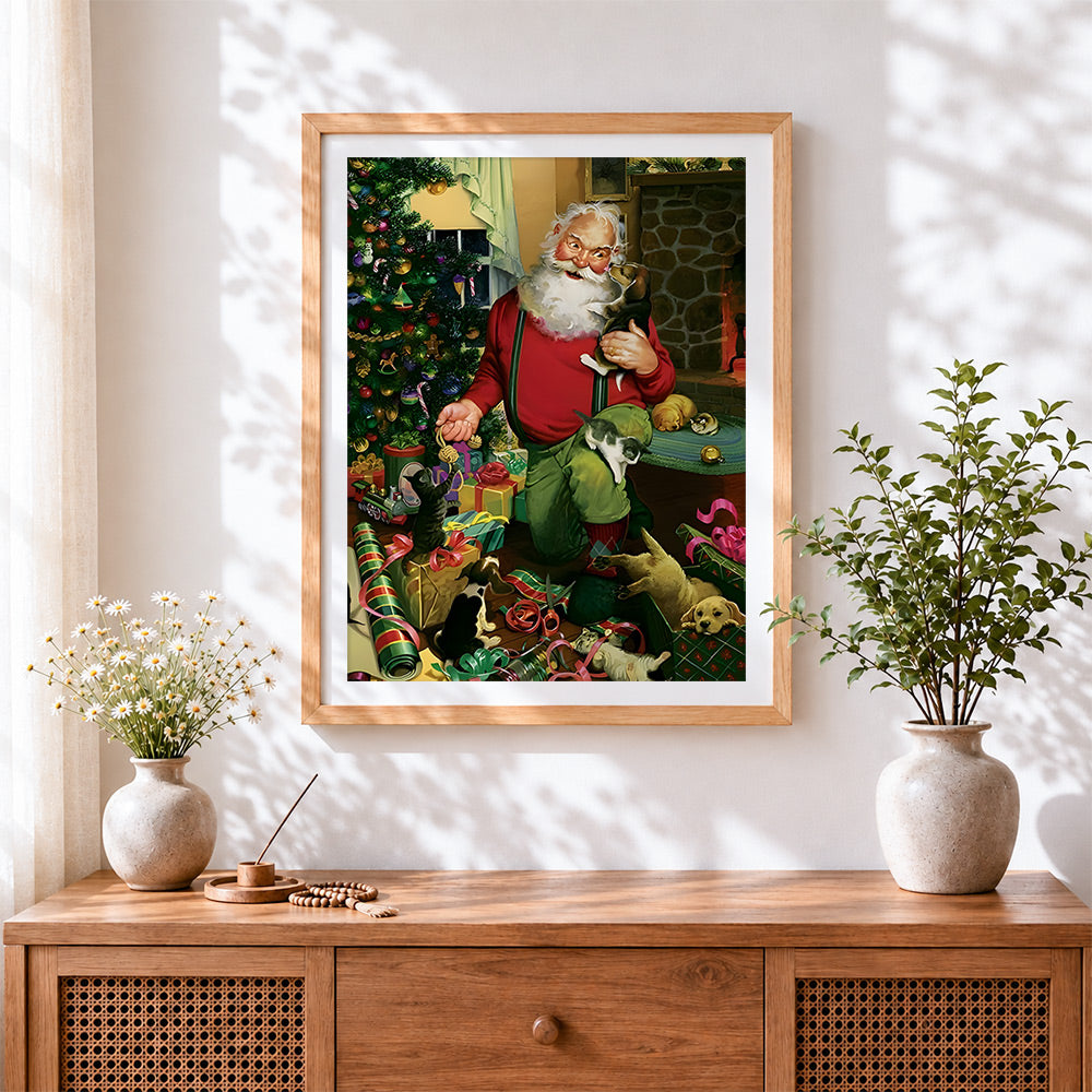 Finished heartwarming santa surrounded by cats and dogs cross stitch artwork displayed