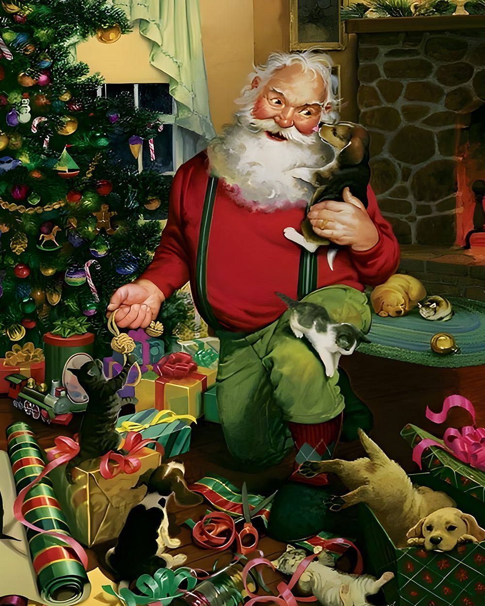 Heartwarming santa surrounded by cats and dogs cross stitch kit for beginners