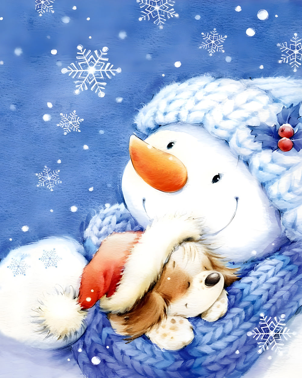 Heartwarming snowman and puppy cuddling cross stitch kit for beginners