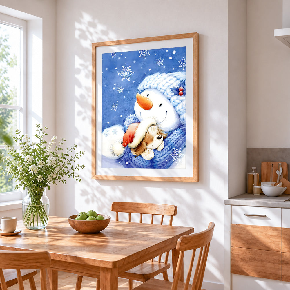 Heartwarming snowman and puppy cuddling cross stitch artwork displayed on wall as home decor