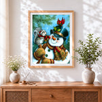 Finished heartwarming snowman and squirrel cross stitch artwork displayed