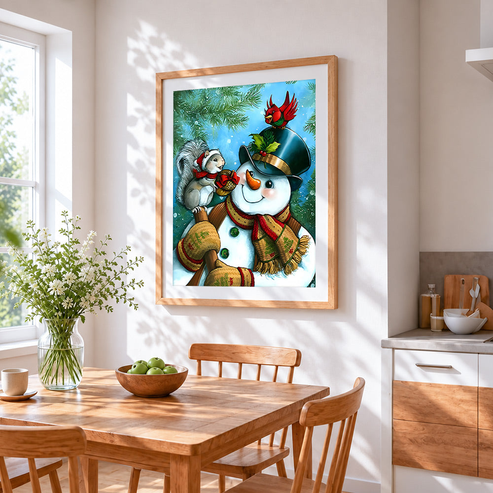 Heartwarming snowman and squirrel cross stitch artwork displayed on wall as home decor