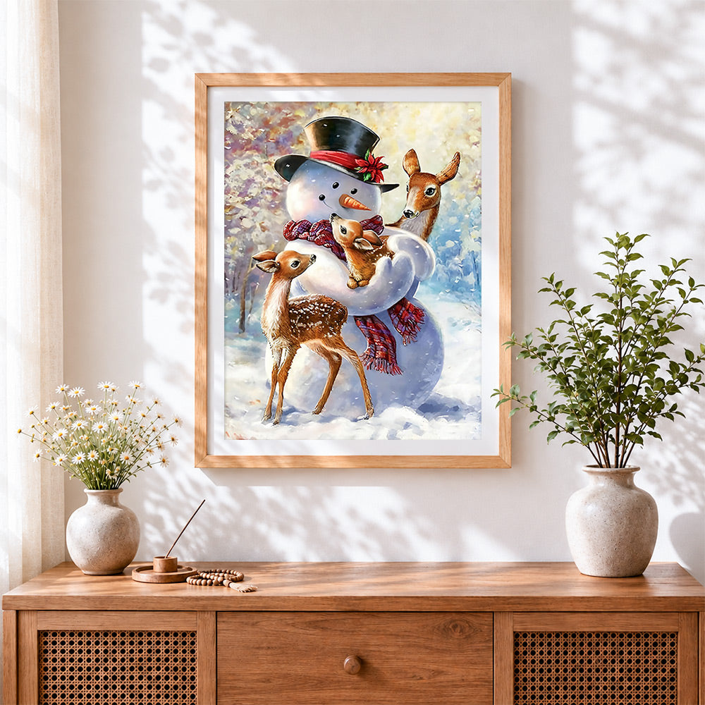Finished heartwarming snowman cuddling with deer cross stitch artwork displayed