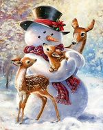 Heartwarming snowman cuddling with deer cross stitch kit for beginners
