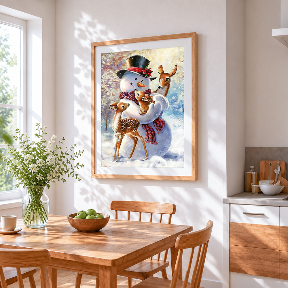 Heartwarming snowman cuddling with deer cross stitch artwork displayed on wall as home decor