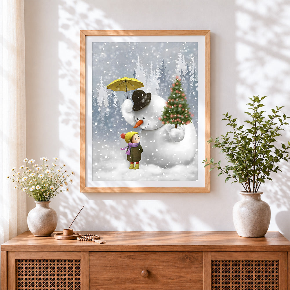 Finished heartwarming snowman holding umbrella for a child cross stitch artwork displayed