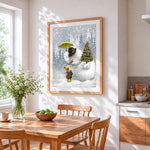 Heartwarming snowman holding umbrella for a child cross stitch artwork displayed on wall as home decor