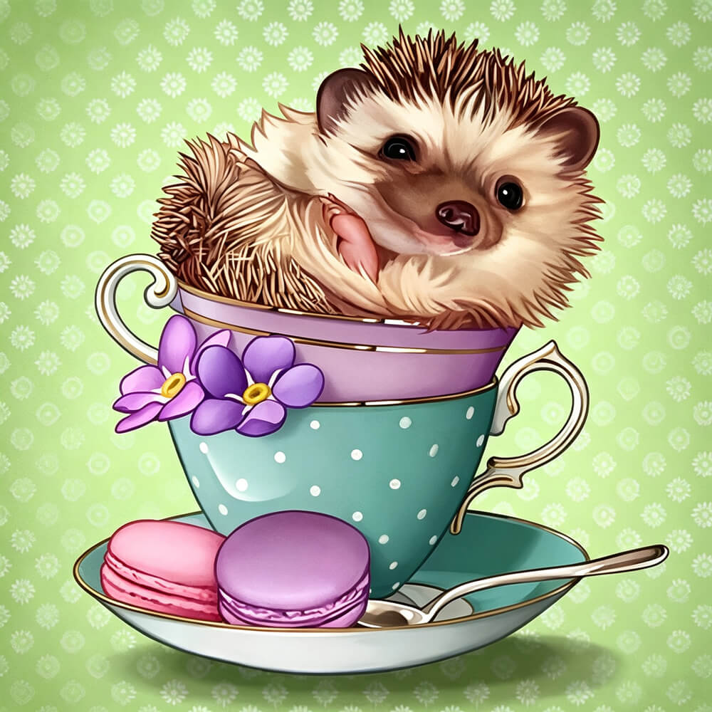 Hedgehog in a teacup with macarons cross stitch kit for beginners