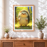 Finished hedgehog in sunlit forest paint by numbers artwork displayed as home decor