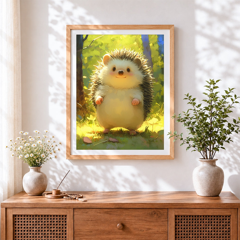 Finished hedgehog in sunlit forest paint by numbers artwork displayed as home decor