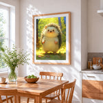 Hedgehog in sunlit forest paint by numbers artwork displayed on wall as home decor