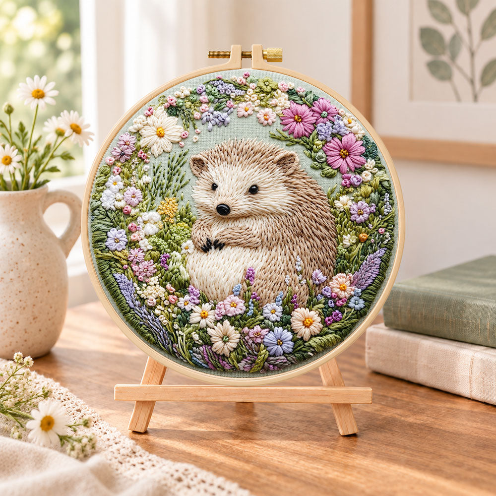 Hedgehog in wild blooms embroidery kit finished hoop displayed on a wooden stand as cozy tabletop decor