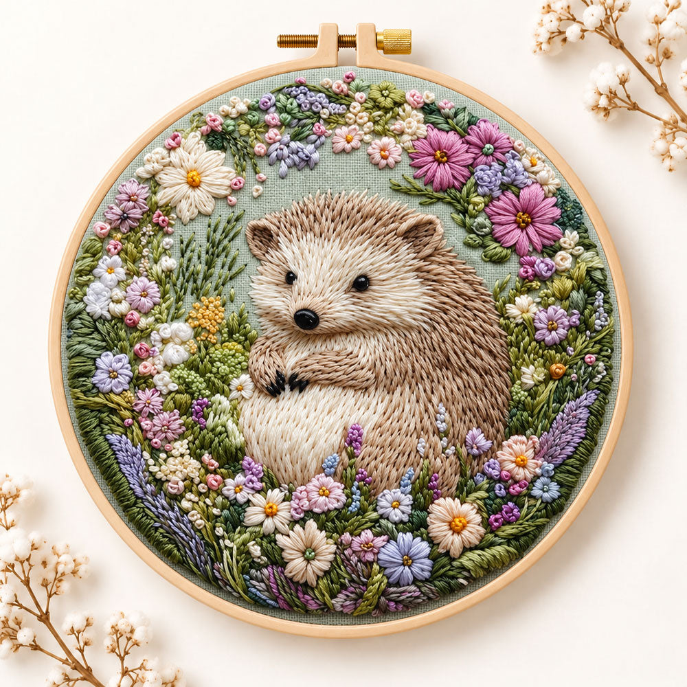 Hedgehog in wild blooms embroidery kit