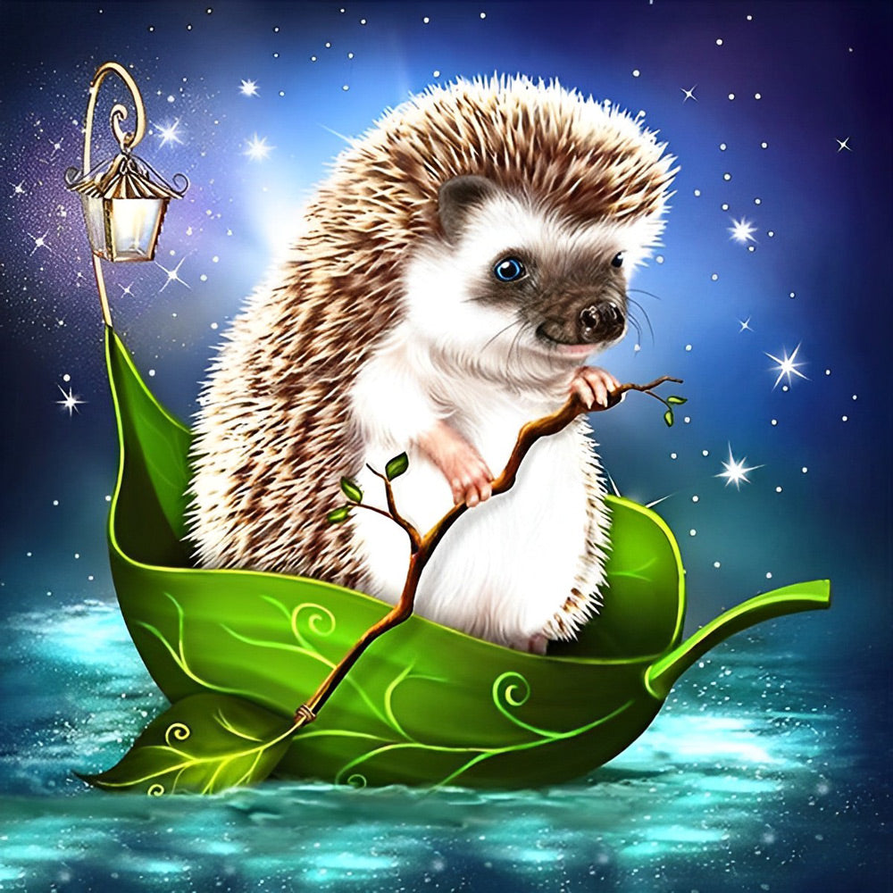 Hedgehog sailing in a leaf boat cross stitch kit for beginners
