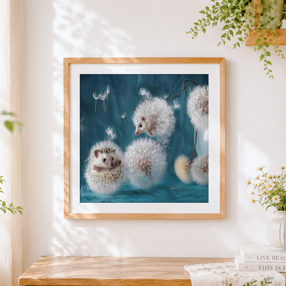Finished hedgehogs in dandelion fluff cross stitch artwork displayed