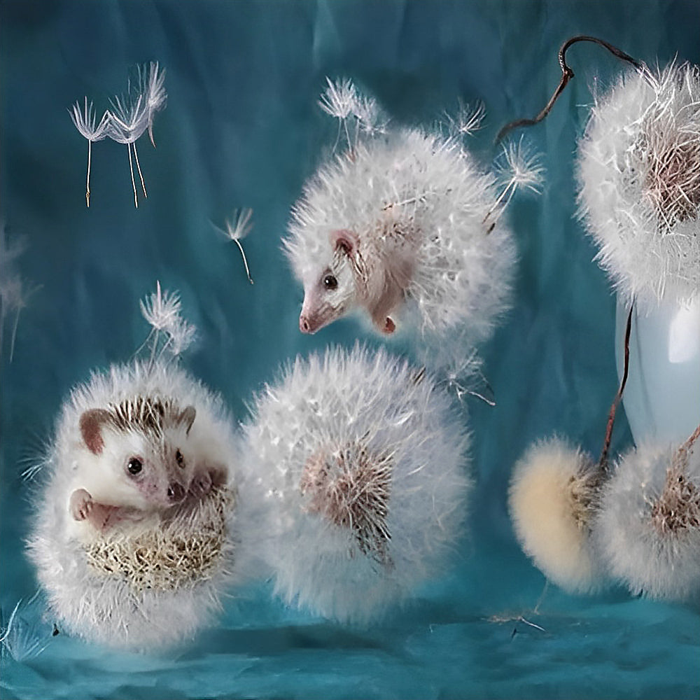 Hedgehogs in dandelion fluff cross stitch kit for beginners