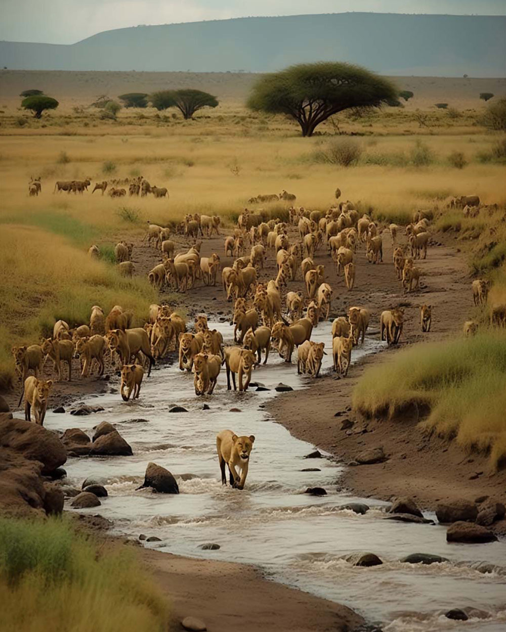 Herd of lions crossing a river cross stitch kit for beginners