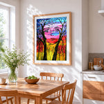 Hidden face tree silhouette cross stitch artwork displayed on wall as home decor
