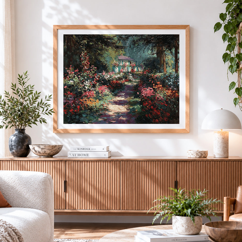 Finished hidden garden cottage cross stitch artwork displayed