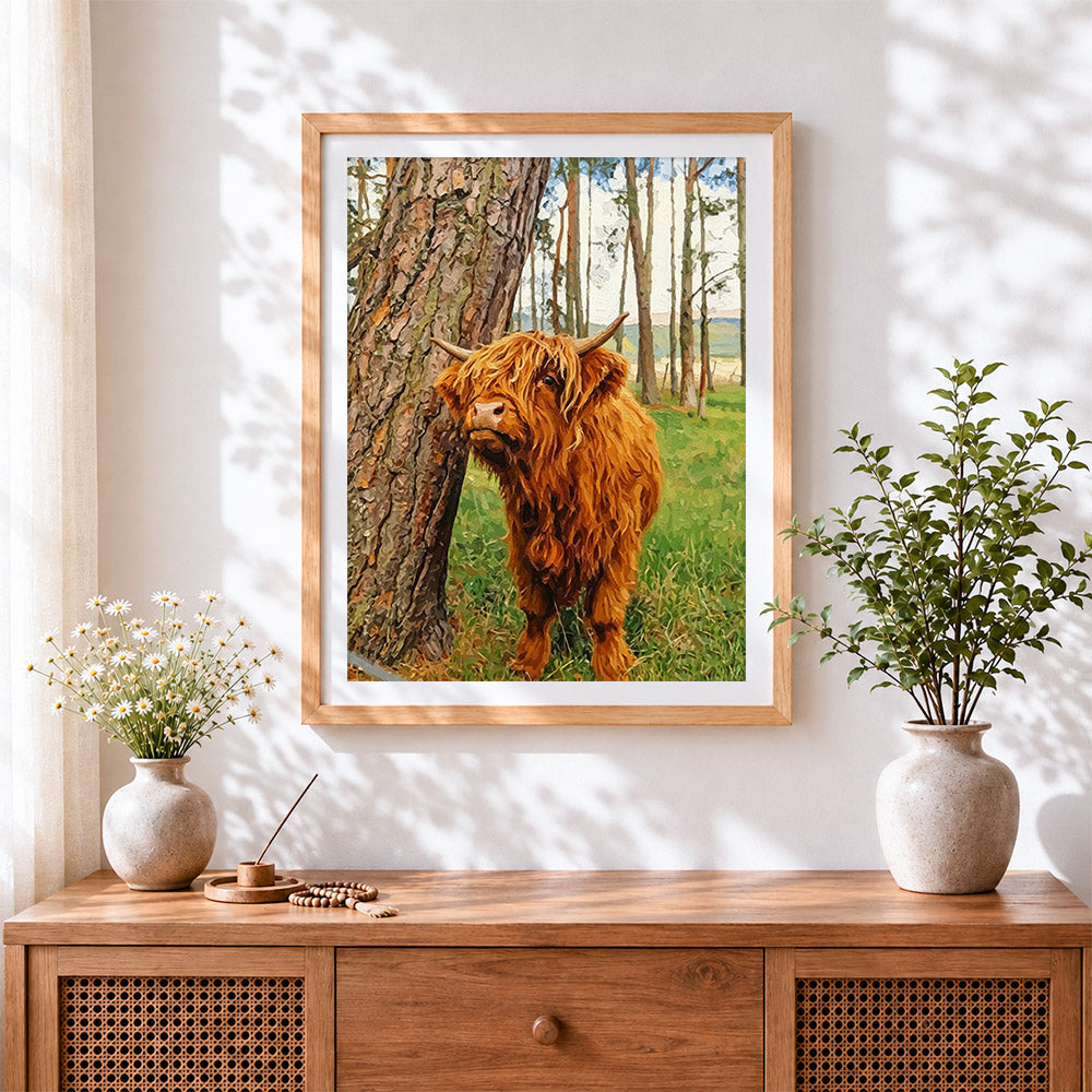 Finished highland cow by a tree cross stitch artwork displayed