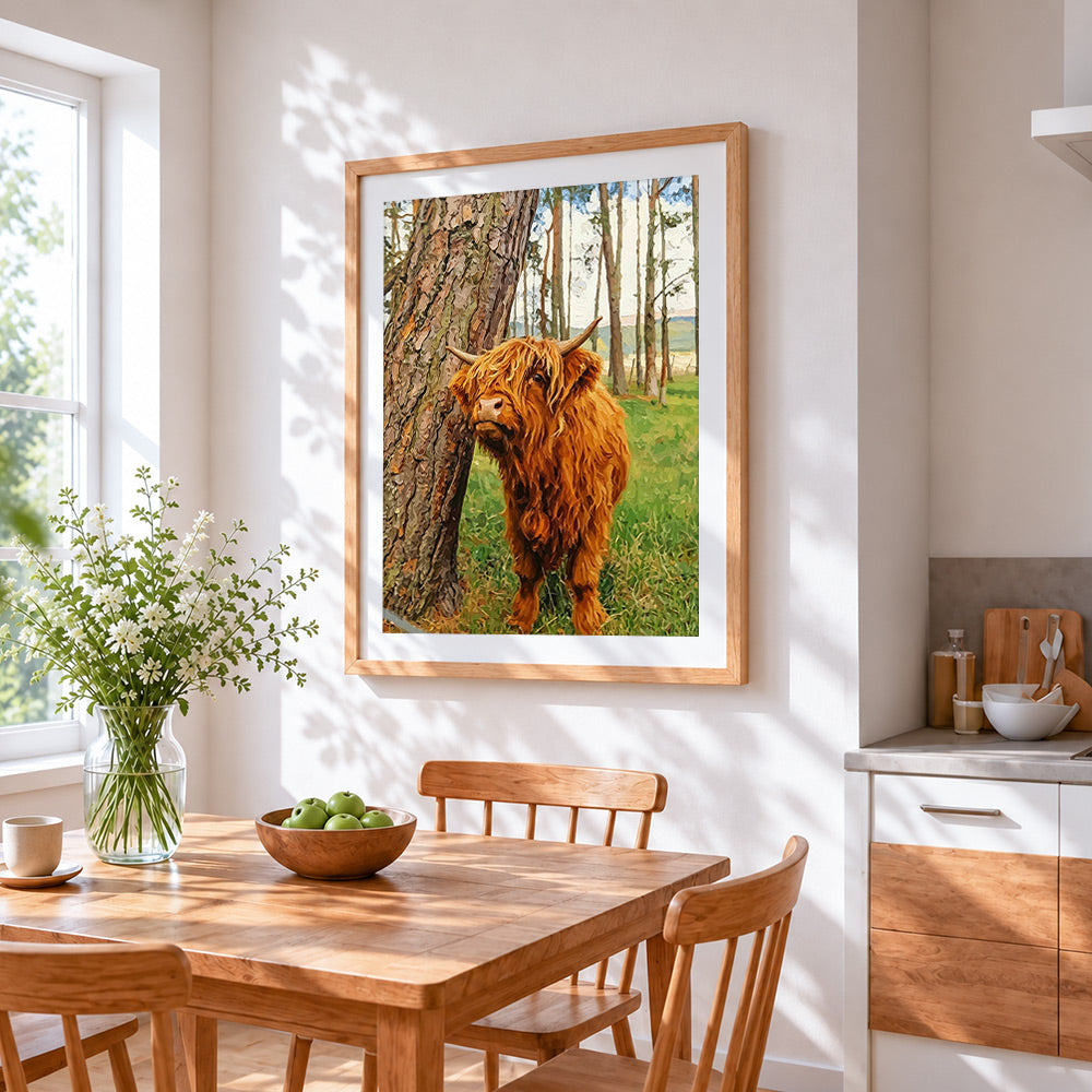 Highland cow by a tree cross stitch artwork displayed on wall as home decor