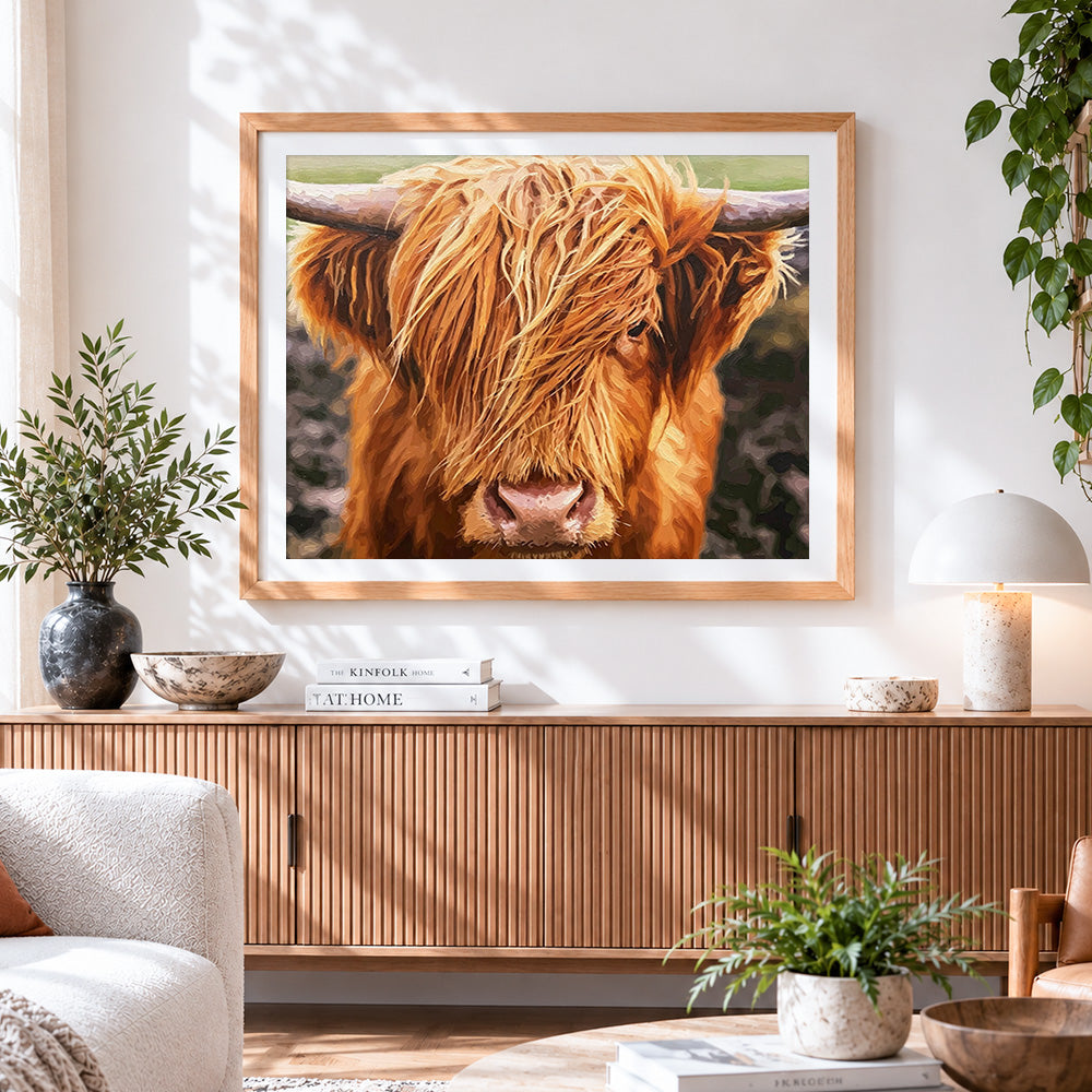 Finished highland cow close up paint by numbers artwork displayed as home decor