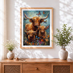 Finished highland cow family and butterflies paint by numbers artwork displayed as home decor