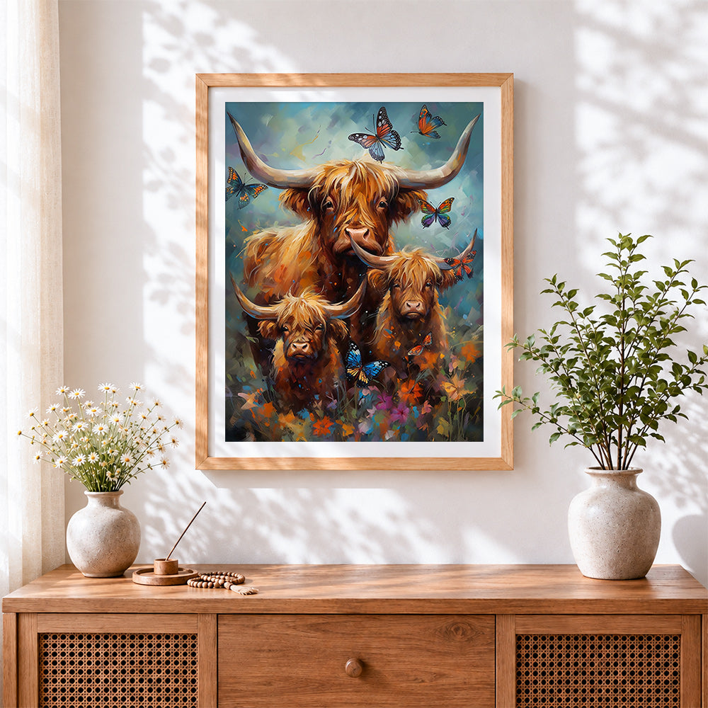 Finished highland cow family and butterflies paint by numbers artwork displayed as home decor