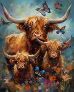 Highland cow family and butterflies paint by numbers kit for beginners