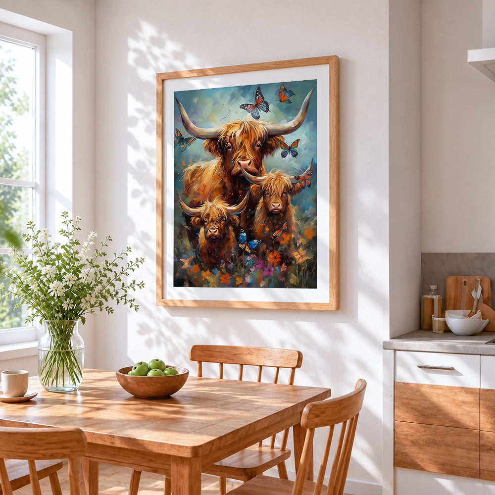 Highland cow family and butterflies paint by numbers artwork displayed on wall as home decor